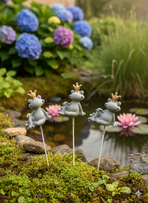 Froschkönig Gartenstecker 3er Set – Märchenhafte Frosch Deko mit Goldkrone für Garten, Blumentopf & Beet