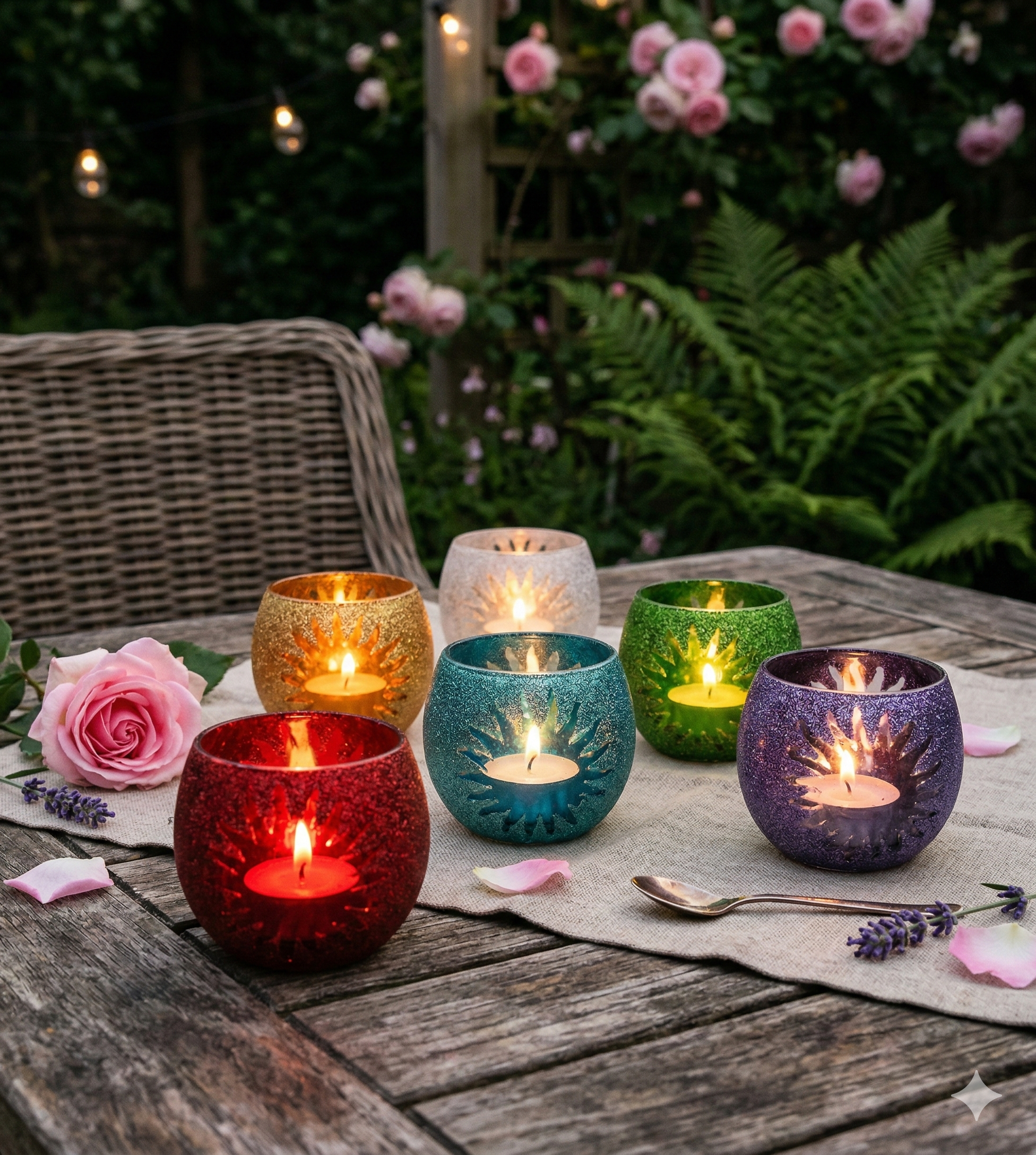 Teelichtgläser 6er Set mit Sonnenmotiv – Bunte Windlichter