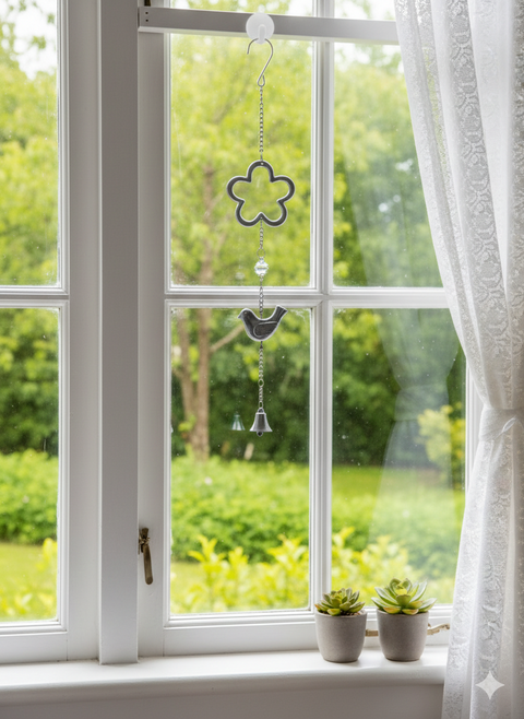 Fensterdeko Metallkette 60 cm mit Blume Ø 10 cm, Vogel & Glocke