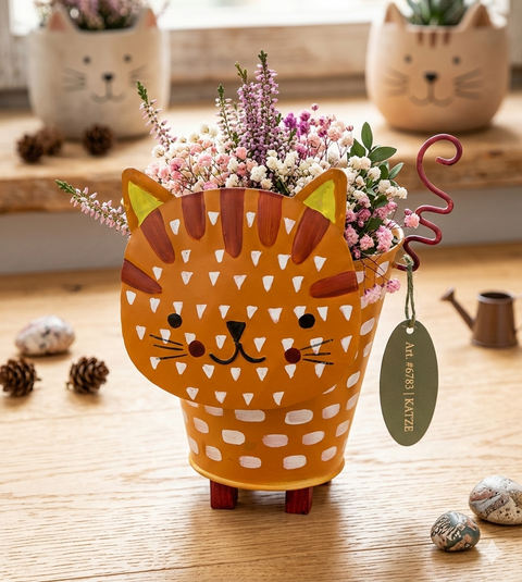 Blumenübertopf Katze aus Metall – Orange Pflanzgefäß 16 cm für Garten & Balkon