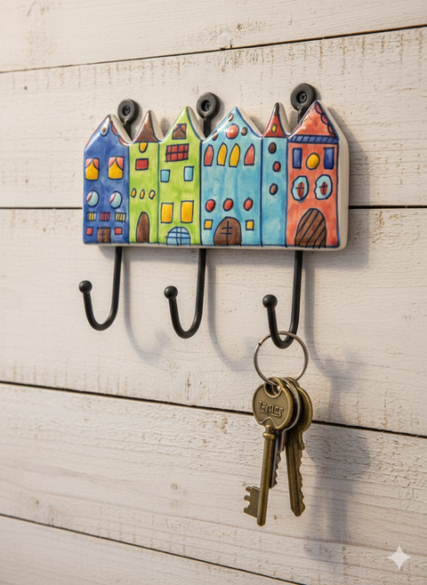 Häuserhaken Leiste aus handbemalter Keramik – Bunte Schlüsselleiste & Wandgarderobe zum Schrauben oder Kleben