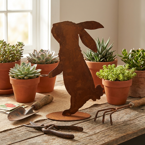 Edelrost Hase mit Vase – Metall Deko für Garten