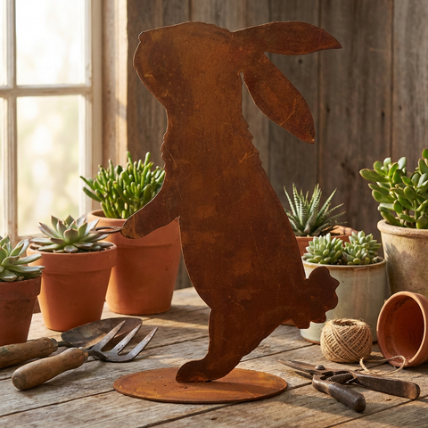 Edelrost Hase mit Vase – Metall Deko für Garten
