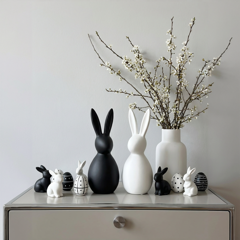 Deko Osterhasenset Keramik Schwarz & Weiß – Modernes Deko-Duo in Wischtechnik | ca. 20 cm