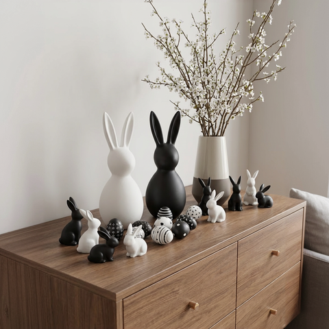 Deko Osterhasenset Keramik Schwarz & Weiß – Modernes Deko-Duo in Wischtechnik | ca. 20 cm