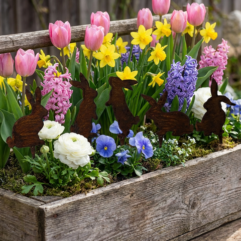 Edelrost Hasenstecker 5er Set Gartenstecker aus Metall