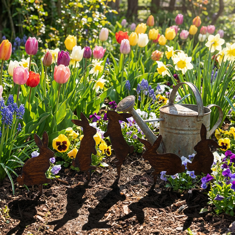 Edelrost Hasenstecker 5er Set Gartenstecker aus Metall