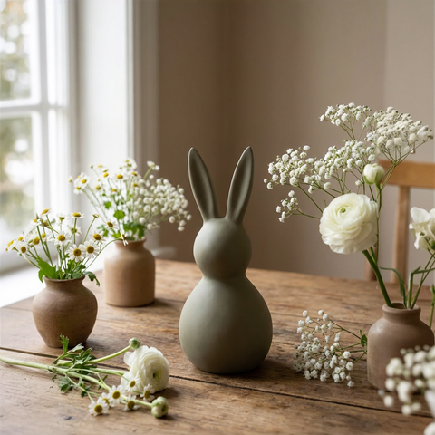 Deko Osterhase aus Keramik ca. 34 cm in Oliv-Grau – Moderne Osterdekoration, matt, Wischtechnik