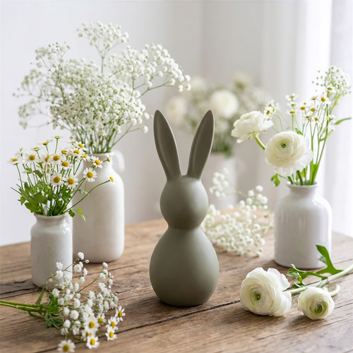 Deko Osterhase aus Keramik ca. 34 cm in Oliv-Grau – Moderne Osterdekoration, matt, Wischtechnik