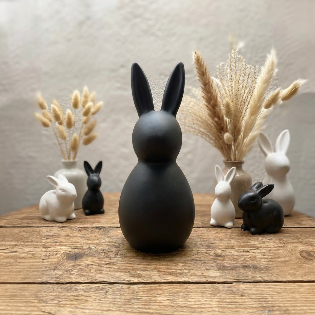 Deko Osterhasenset Keramik, 3 Hasen in Schwarz & Weiß & Olivegrau – Modernes Deko-Trio in Wischtechnik | ca. 43 cm