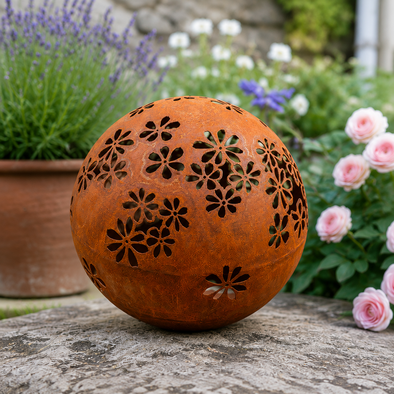 Edelrost Deko Kugel „Hippie“ Ø 40 cm mit Blumenmuster – für LED-Beleuchtung