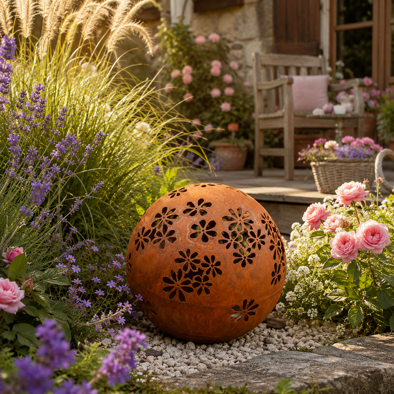 Edelrost Deko Kugel „Hippie“ Ø 40 cm mit Blumenmuster – für LED-Beleuchtung