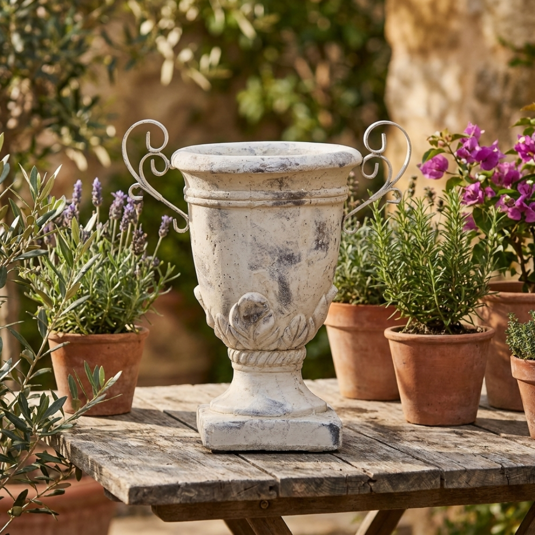 Dekopokal Valo Creme aus Terrakotta – Vintage Gartendeko & elegantes Wohnaccessoire