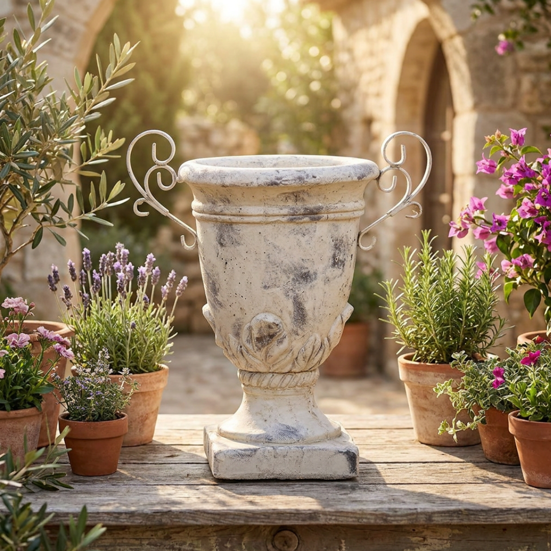 Dekopokal Valo Creme aus Terrakotta – Vintage Gartendeko & elegantes Wohnaccessoire
