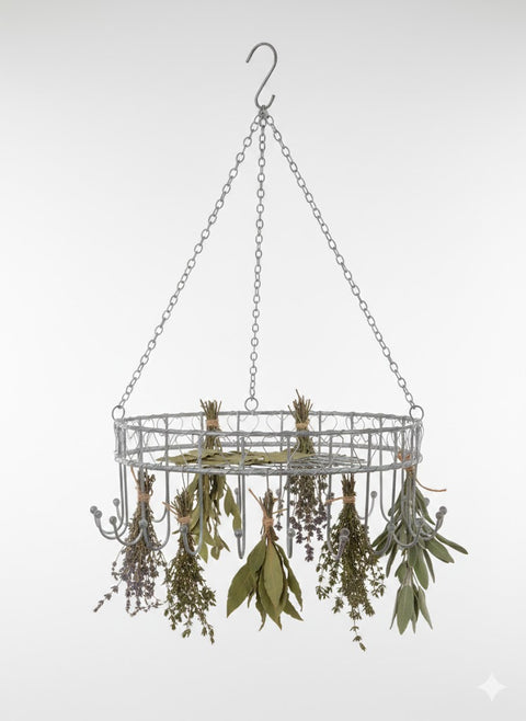 Kräuterkrone zum Hängen Ø 30 cm – Vintage Antiklook Grau – Metall Kräuterhalter mit 24 Haken