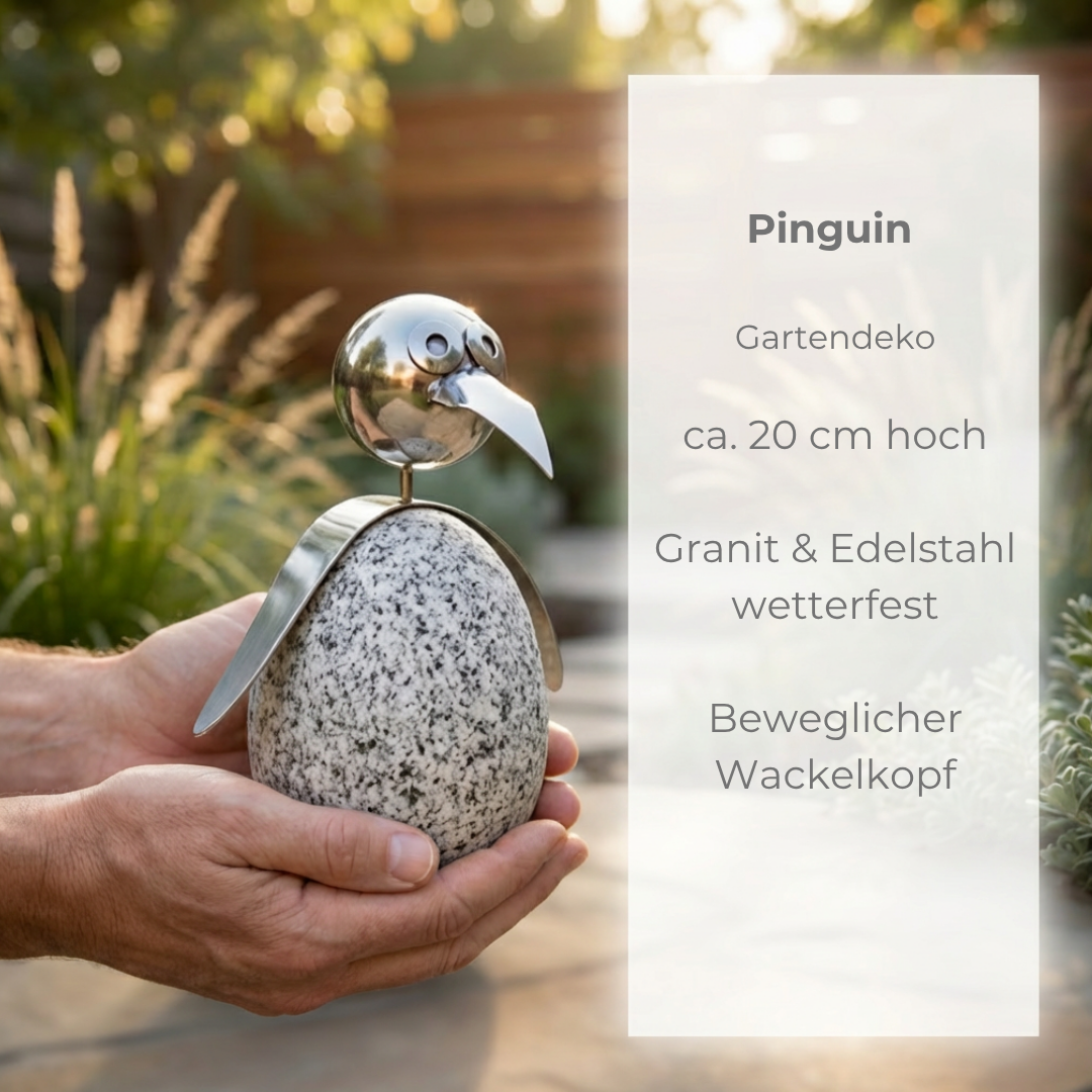 Pinguin Gartendeko aus Granit & Edelstahl 20 cm handgefertigt mit Wackelkopf