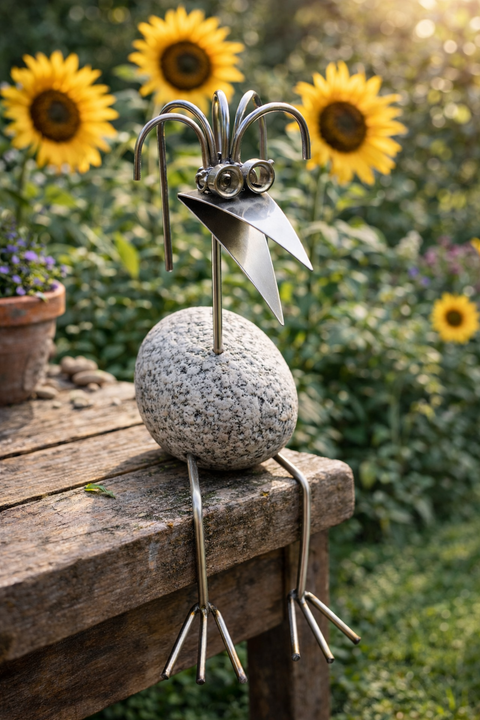 Steinvogel Kantenhocker Fontänenkopf aus Granit und Edelstahl Naturstein Deko