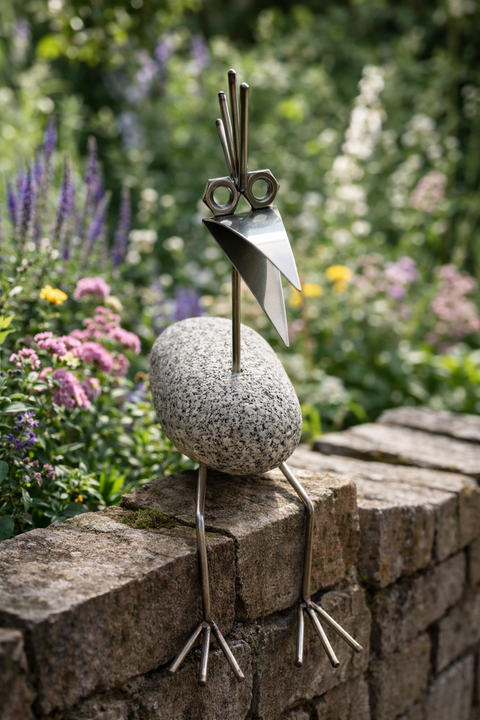 Steinvogel Kantenhocker aus Granit und Edelstahl Naturstein Deko
