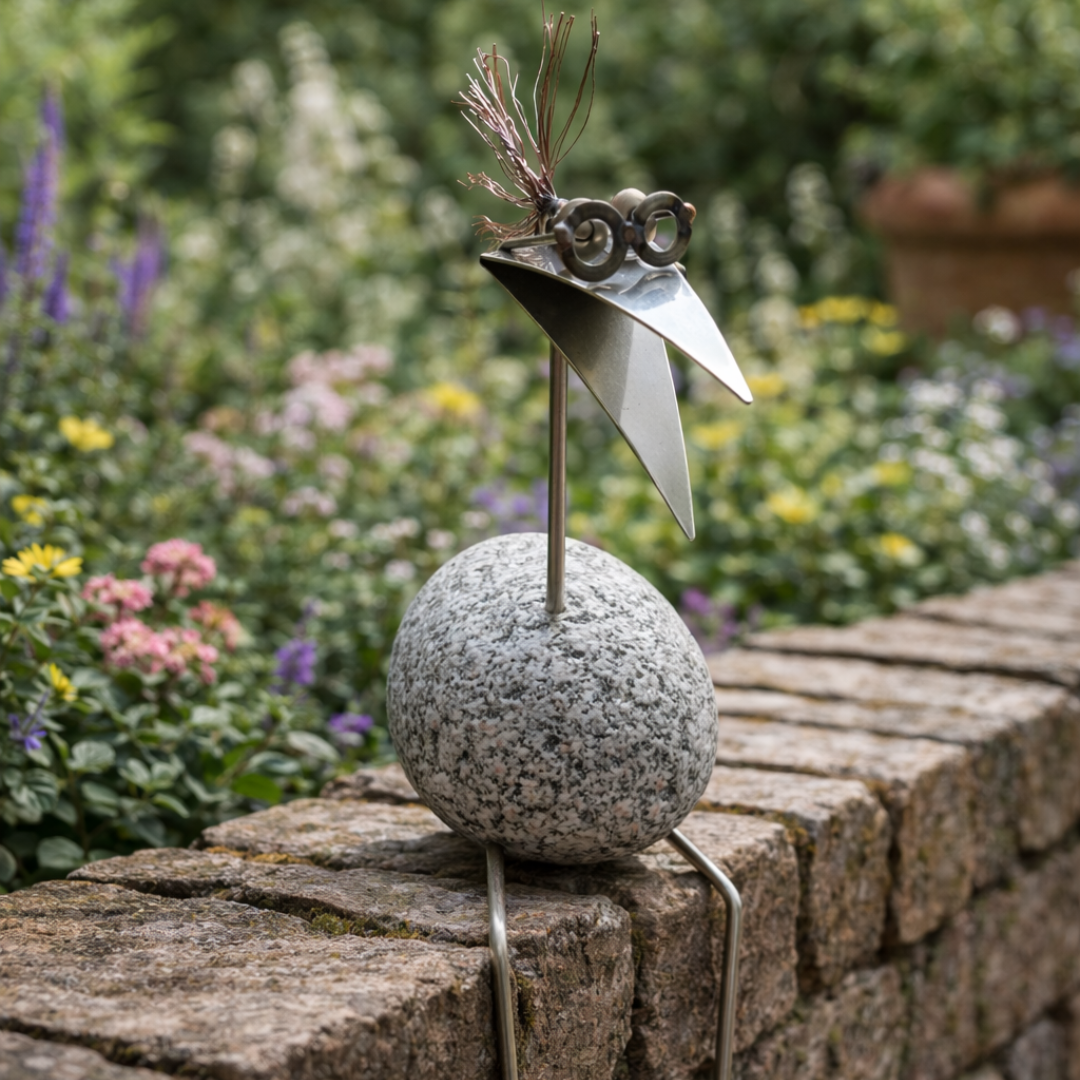 Steinvogel Kantenhocker Wuschelkopf aus Granit und Edelstahl  Naturstein Deko