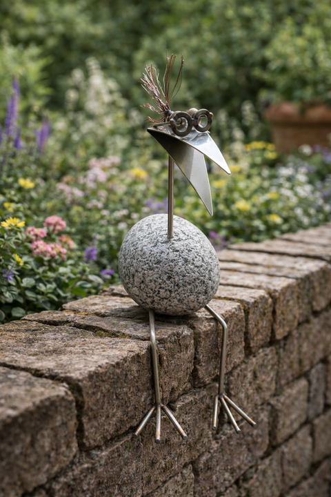Steinvogel Kantenhocker Wuschelkopf aus Granit und Edelstahl  Naturstein Deko