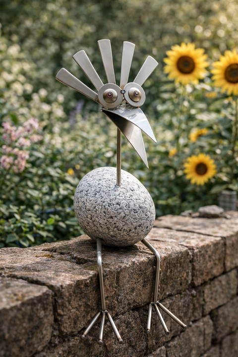 Steinvogel Kantenhocker Lustiger Fächerkopf aus Granit und Edelstahl Naturstein  Deko