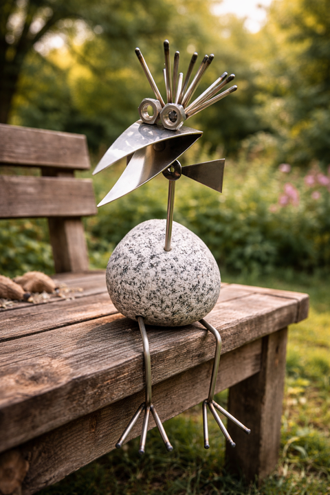 Steinvogel Kantenhocker Schleifenkopf aus Granit und Edelstahl Naturstein Deko