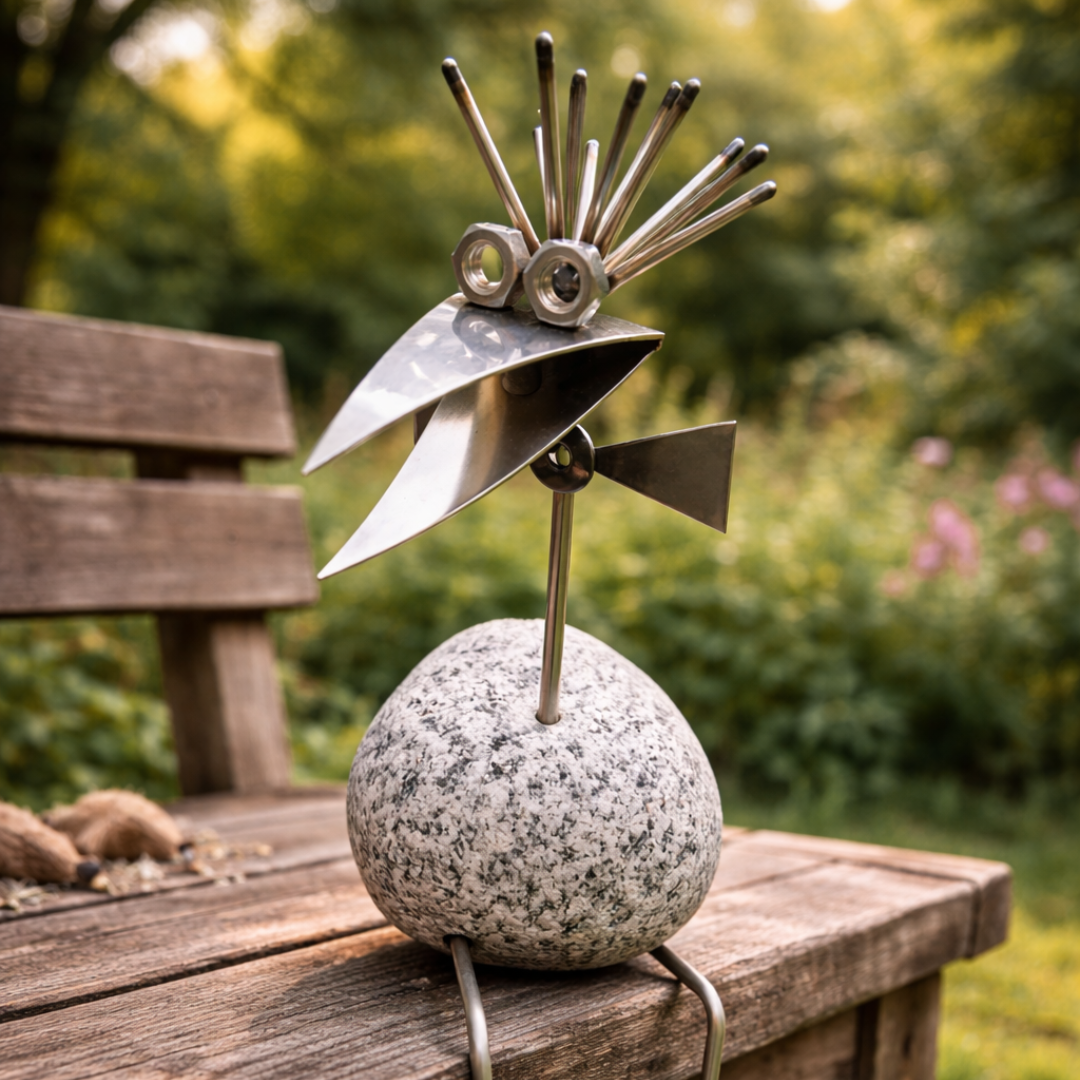 Steinvogel Kantenhocker Schleifenkopf aus Granit und Edelstahl Naturstein Deko