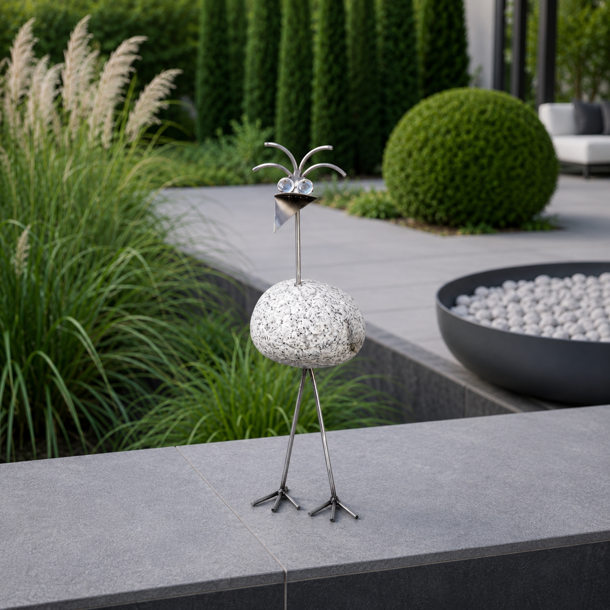Steinvogel aus Granit und Edelstahl gerader Hals ca. 30 cm 5 Kopfformen zur Wahl