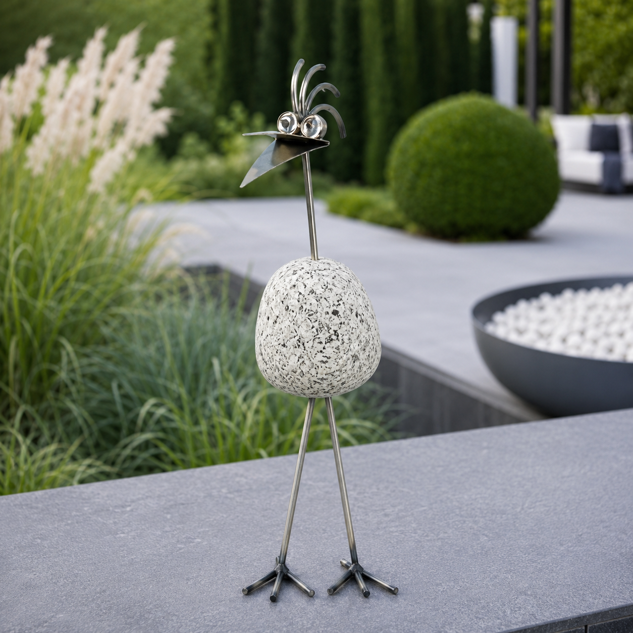 Steinvogel aus Granit und Edelstahl gerader Hals ca. 30 cm 5 Kopfformen zur Wahl