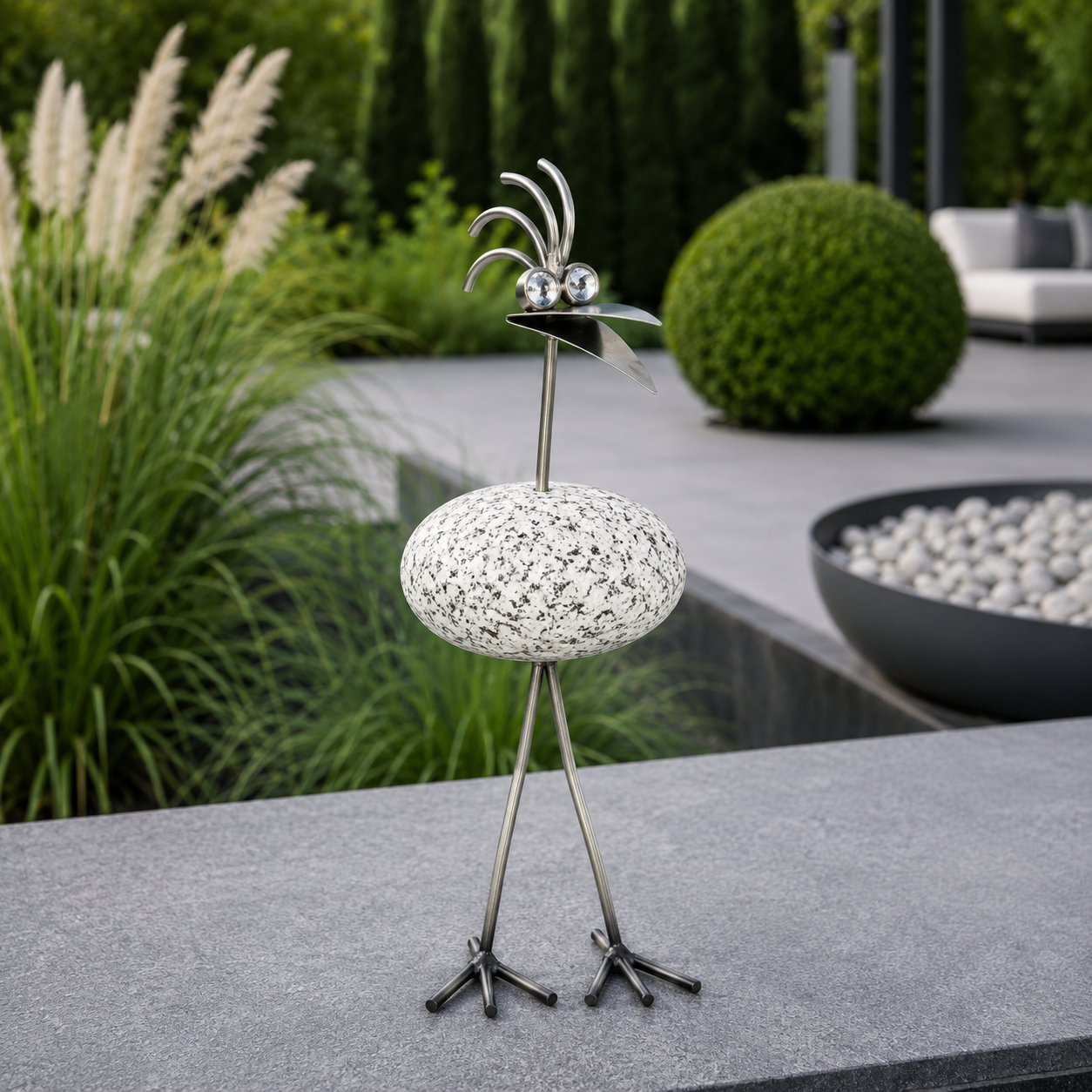 Steinvogel aus Granit und Edelstahl gerader Hals ca. 30 cm 5 Kopfformen zur Wahl