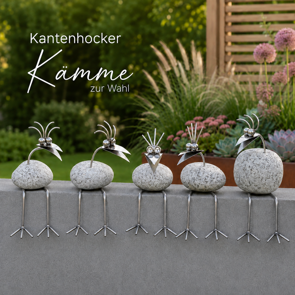 Steinvogel Kantenhocker aus Granit und Edelstahl gebogener Hals zur Wahl