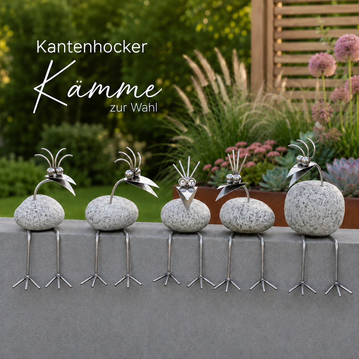 Steinvogel Kantenhocker aus Granit und Edelstahl gebogener Hals zur Wahl