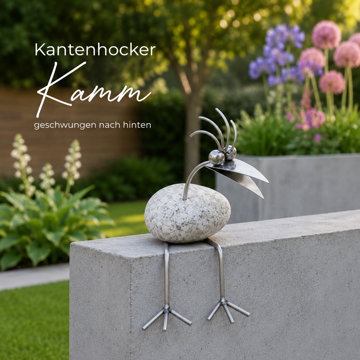 Steinvogel Kantenhocker aus Granit und Edelstahl gebogener Hals zur Wahl