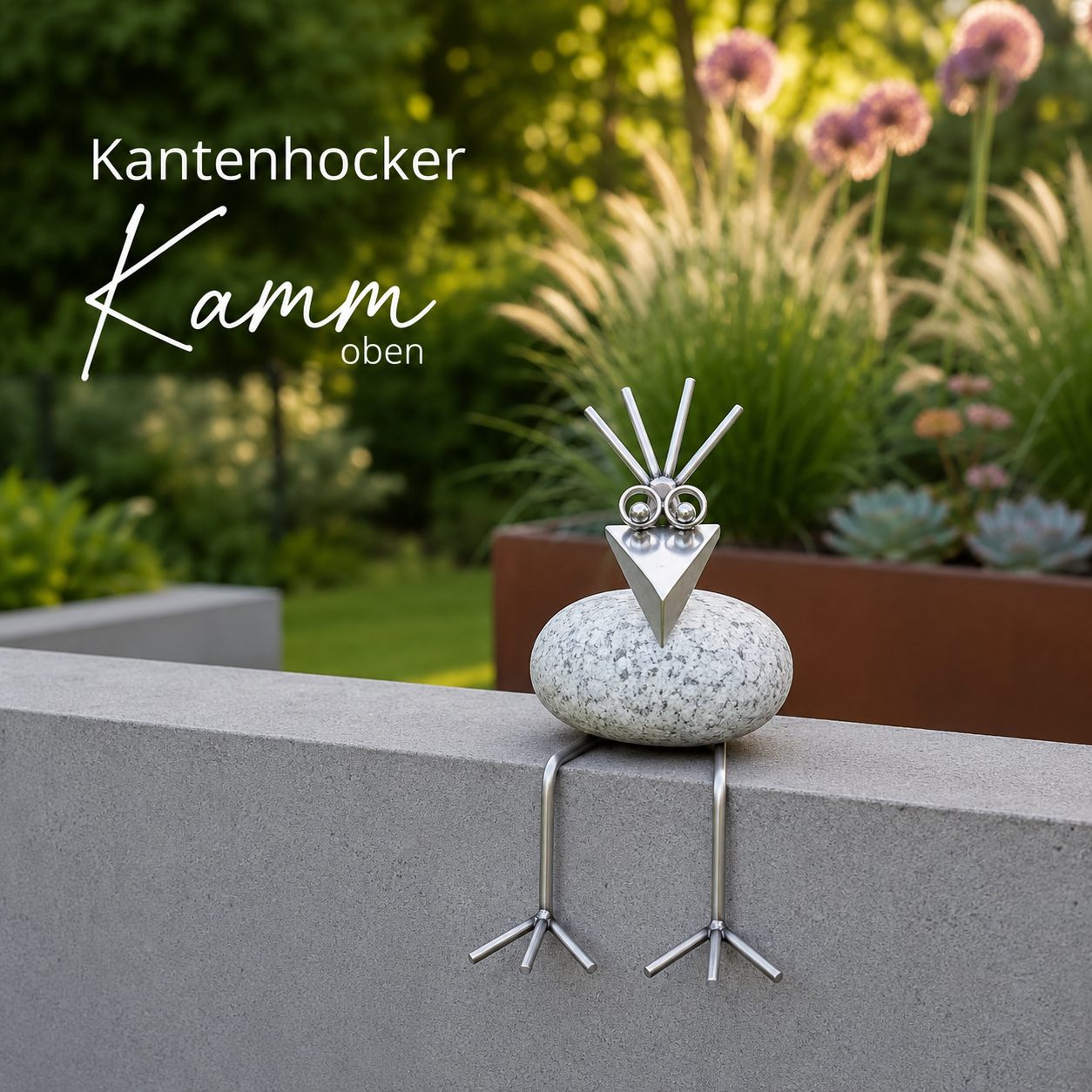 Steinvogel Kantenhocker aus Granit und Edelstahl gebogener Hals zur Wahl
