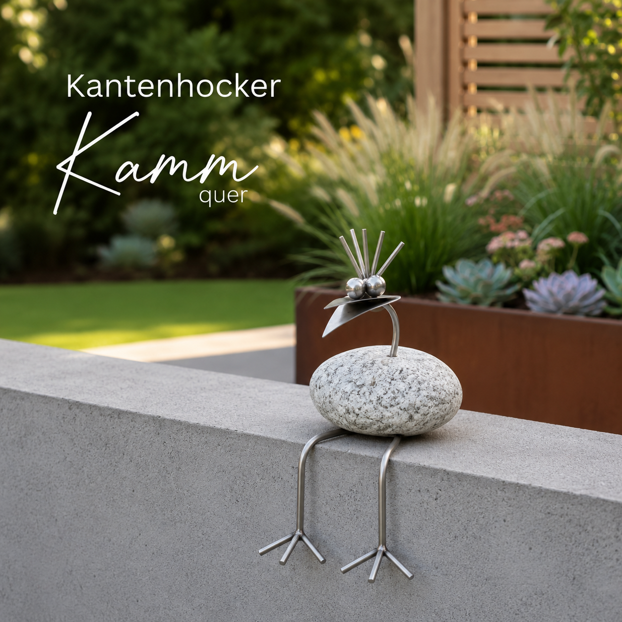 Steinvogel Kantenhocker aus Granit und Edelstahl gebogener Hals zur Wahl