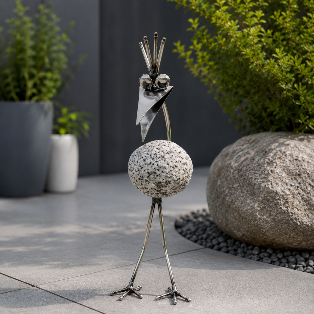 Steinvogel aus Granit und Edelstahl gebogener Hals ca. 30 cm 5 Kopfformen zur Wahl