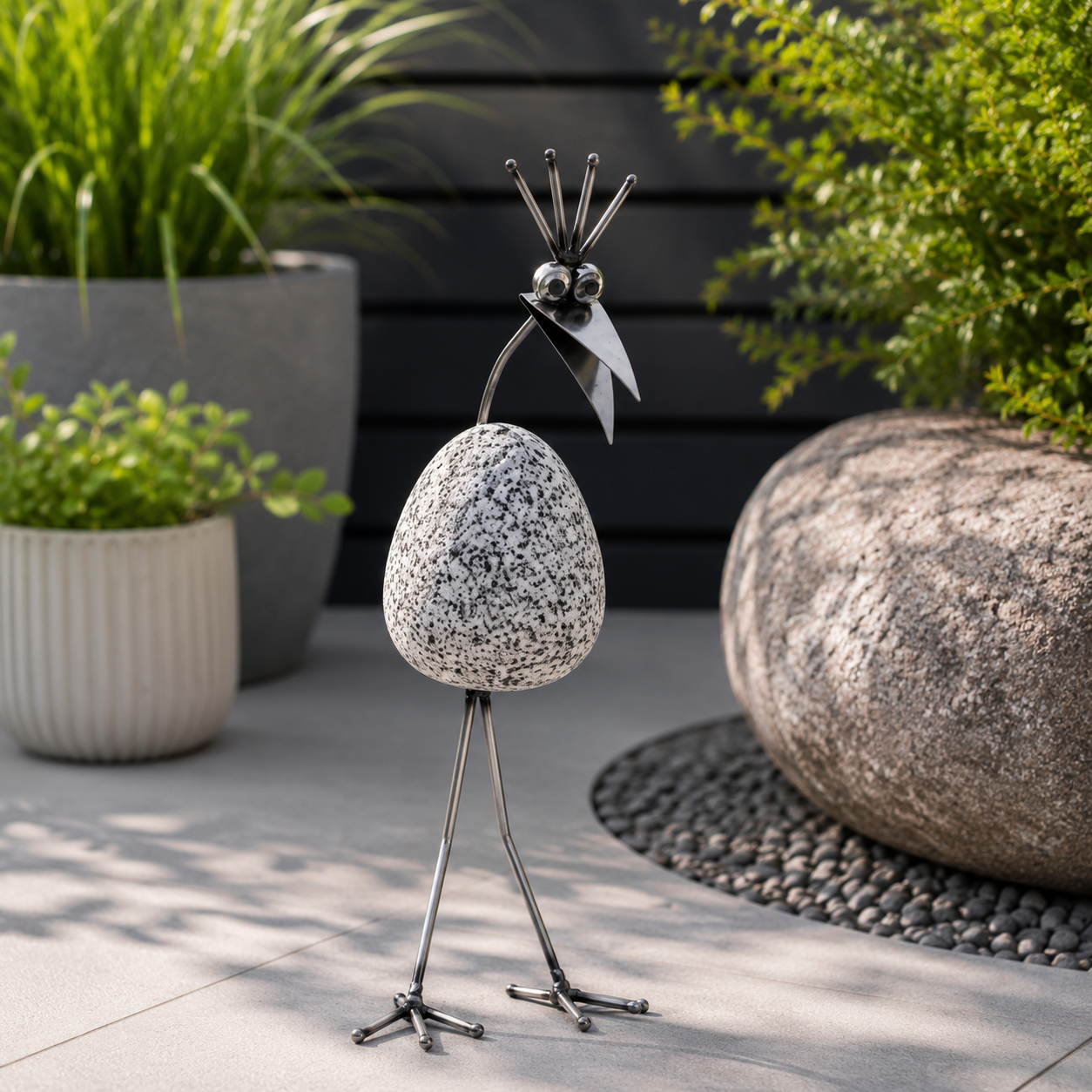 Steinvogel aus Granit und Edelstahl gebogener Hals ca. 30 cm 5 Kopfformen zur Wahl