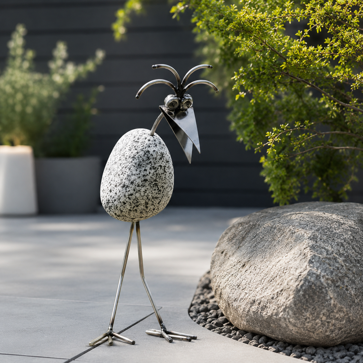 Steinvogel aus Granit und Edelstahl gebogener Hals ca. 30 cm 5 Kopfformen zur Wahl