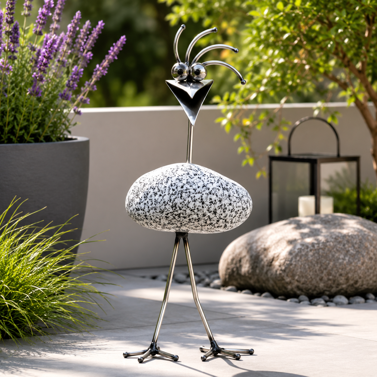 Steinvogel aus Granit und Edelstahl gebogener Hals ca. 30 cm 5 Kopfformen zur Wahl