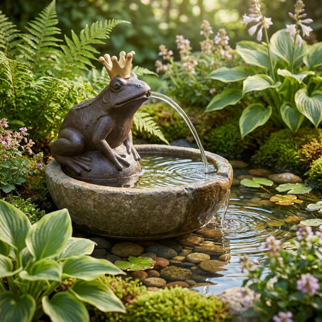 Wasserspeier Froschkönig mit Pumpe aus Gusseisen – Brunnen Deko für Garten & Teich