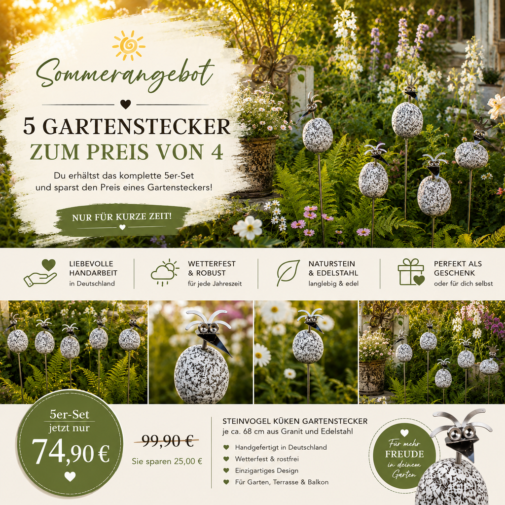 Sommerangebot  5 Steinvogel Küken Gartenstecker aus Granit & Edelstahl – 5 zum Preis von 4