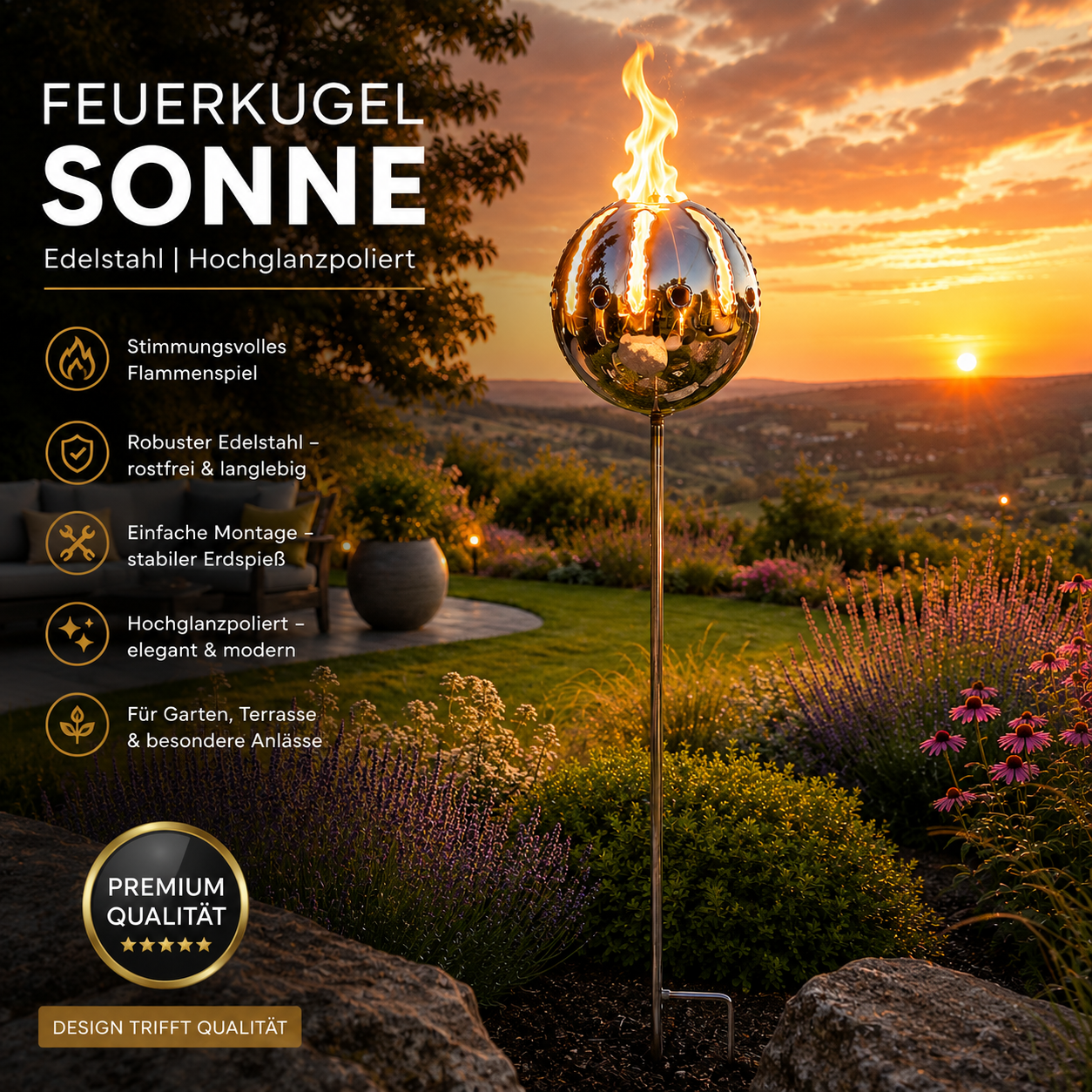 Feuerkugel Motiv Sonne Ø 13cm aus Edelstahl mit 1 Liter Bioethanol Gratis