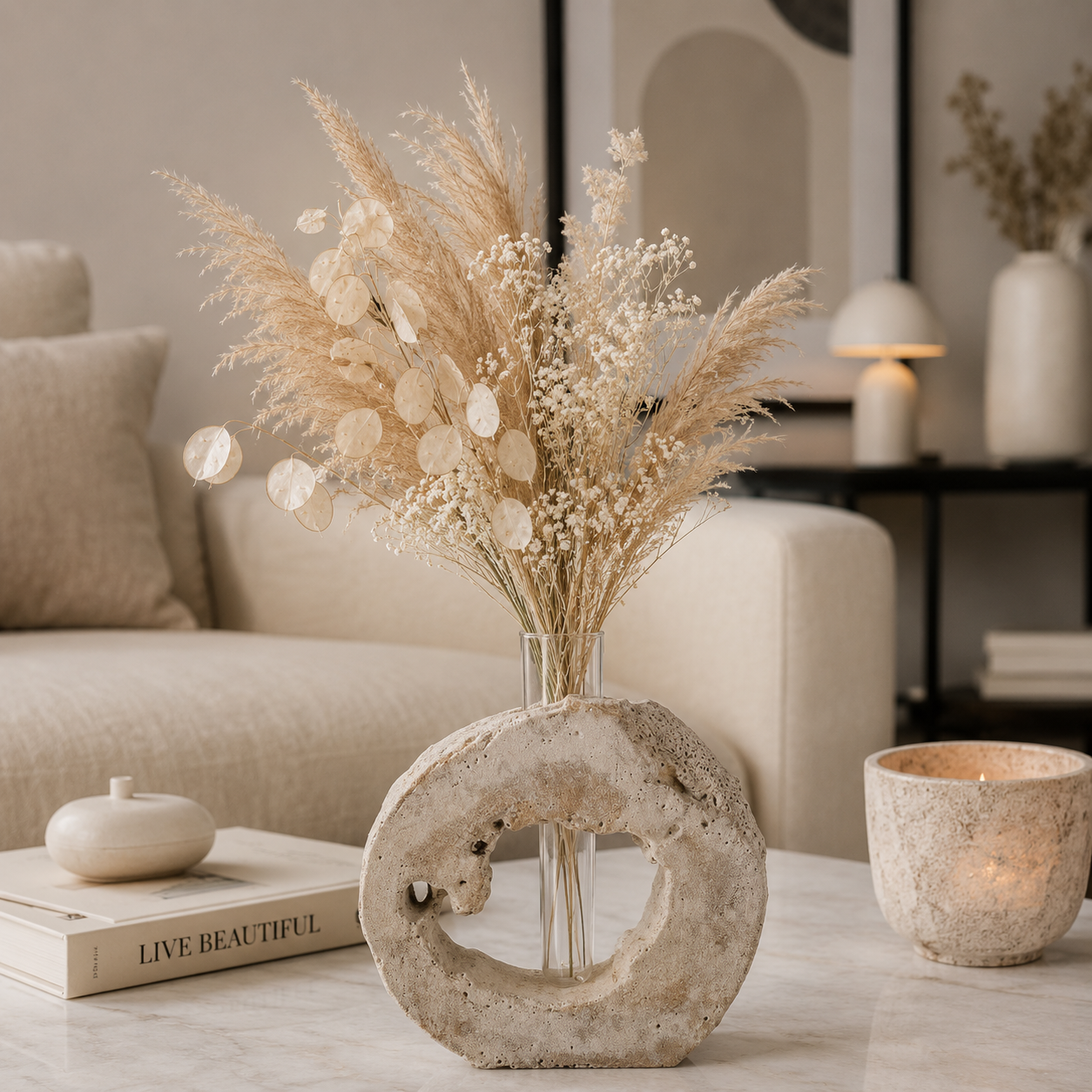 Moderne Vase aus Zement und Glaseinsatz ca. 33 cm hoch