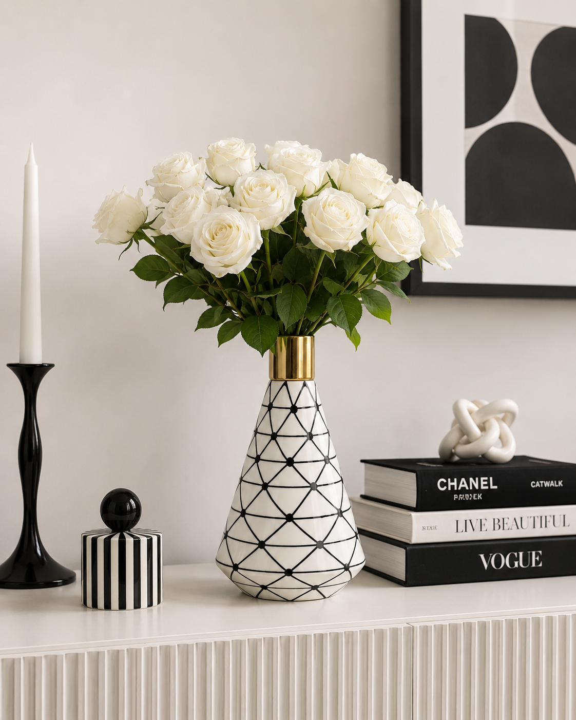 Vase XOXO Keramik ca. 26 cm hoch weiß, schwarz und gold
