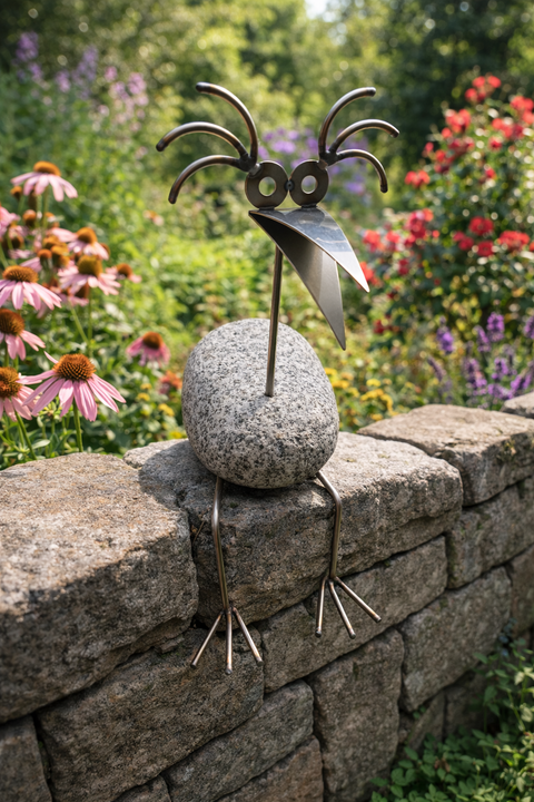 Steinvogel Kantenhocker aus Granit und Edelstahl Naturstein Deko