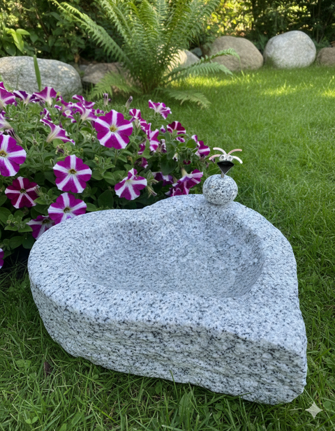 Vogelbad Granit Herz ca. 34 cm mit Steinvogel – frostfest & handgefertigt