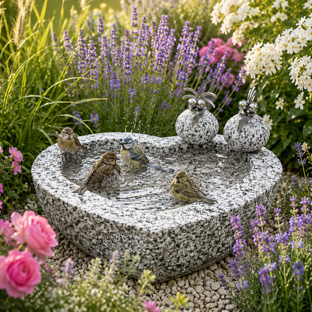 Vogelbad Herz mit 2 Vögeln aus Granit & Edelstahl ca. 30x30x10 cm
