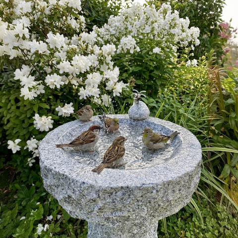 Vogelbad Granit rund ca. 34 cm mit 1 Steinvogel Granit und Edelstahl