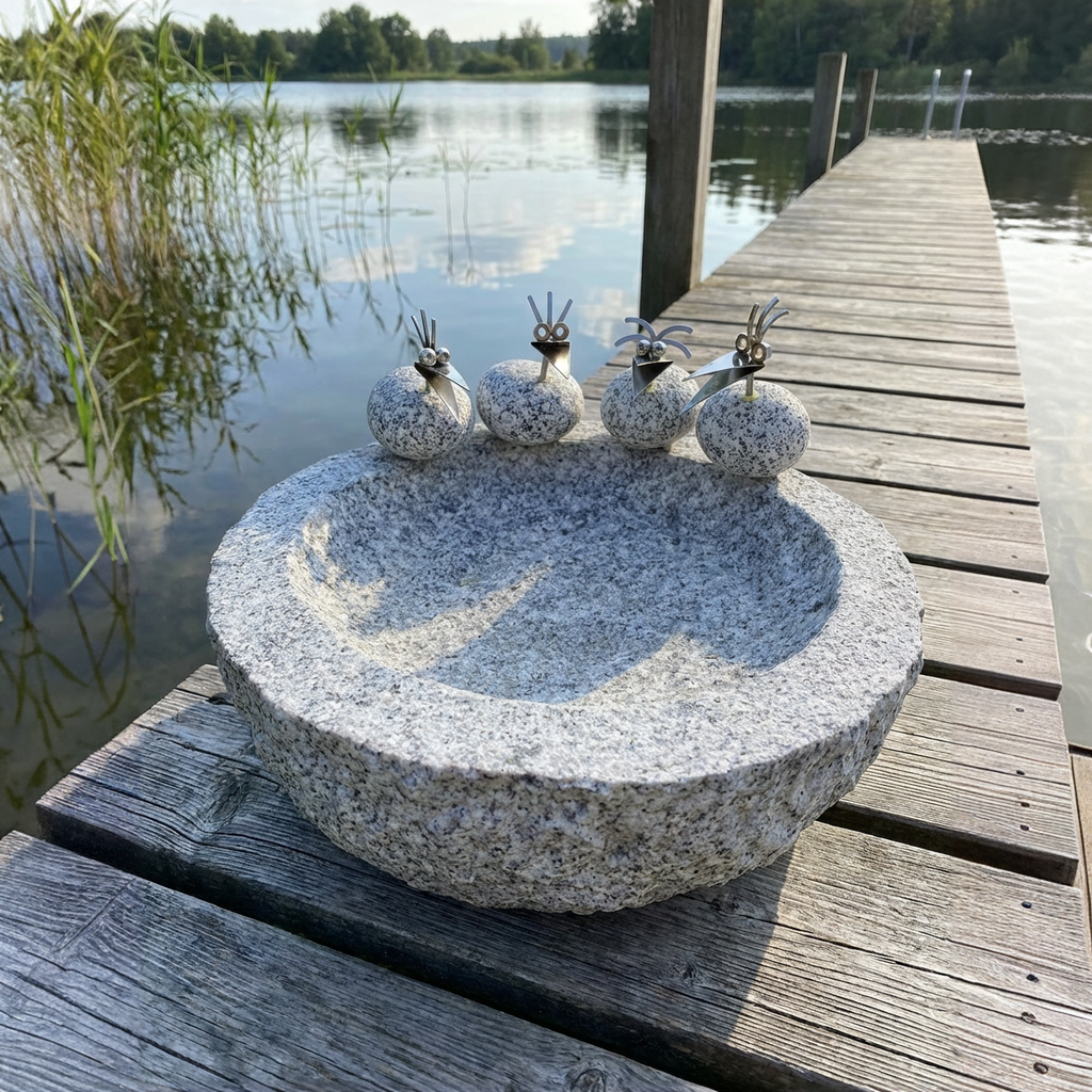 Vogelbad Granit rund ca. 34 cm mit 4 Steinvögeln Granit und Edelstahl
