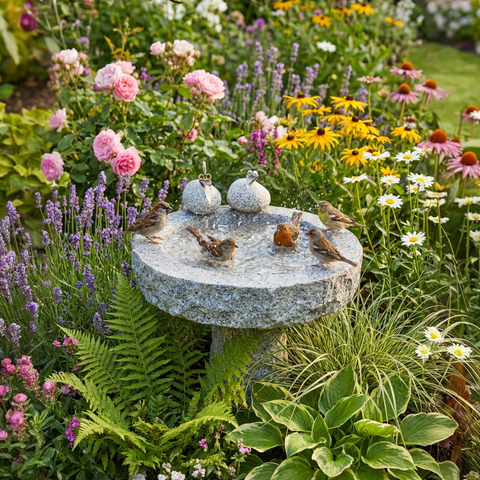 Vogelbad Granit rund ca. 34 cm mit 2 Steinvögeln Granit und Edelstahl